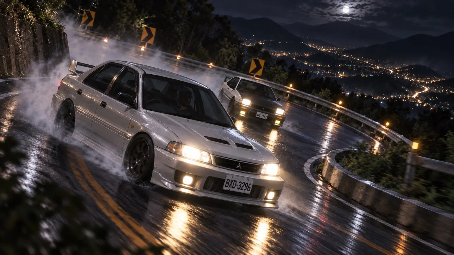 雨夜山路中的車輛過彎