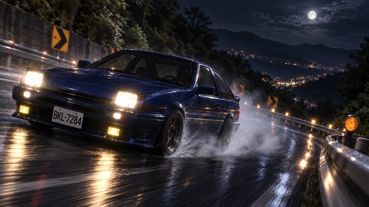 藍色車輛雨夜過彎