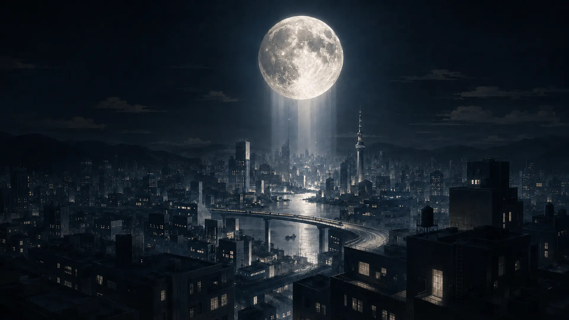 月光照映下的城市夜景